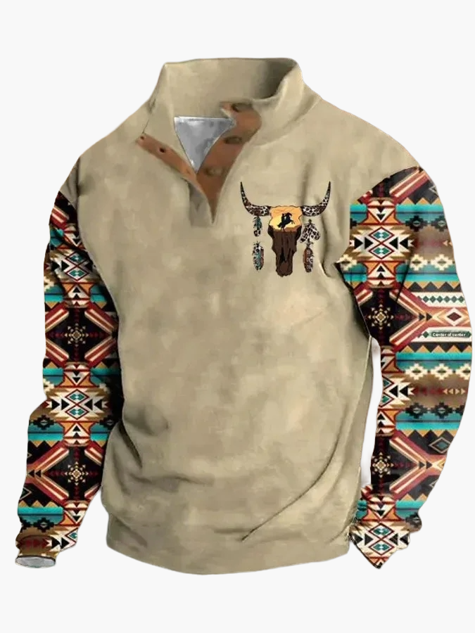 Herren Vintage Western Pullover mit Ethno-Muster und Stehkragen – Freizeitmode für Herbst und Winter