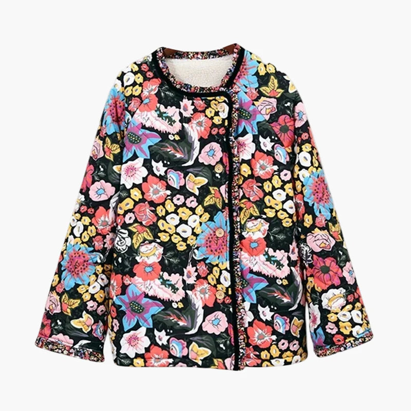 Damen Boho Steppjacke mit Blumenmuster – Lässiger Vintage Style, Frühlings- und Sommer-Outfit