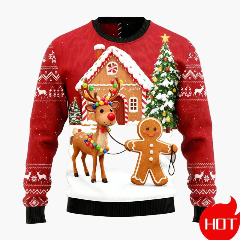 Herren Weihnachtspullover mit Lebkuchenmann, Lebkuchenhaus und Weihnachtsbaum – Lustiger Festlicher Ugly Christmas Sweater