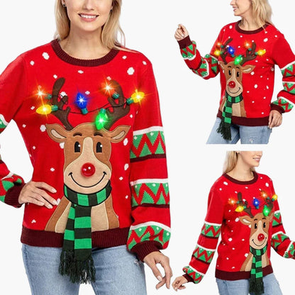 Damen Weihnachts-Pullover mit Rentier und LED-Lichtern – Lustiger Ugly Christmas Sweater für Festtage und Partys