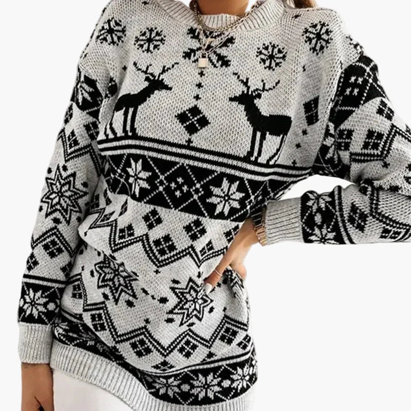 Damen Weihnachtspullover mit Rentier- und Schneeflocken-Muster - Modischer Freizeit-Strickpullover für die festliche Saison