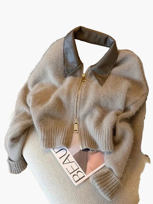 Damen Cropped Strickjacke mit Zipper und auffälligem Kragen – Modischer Freizeit-Look