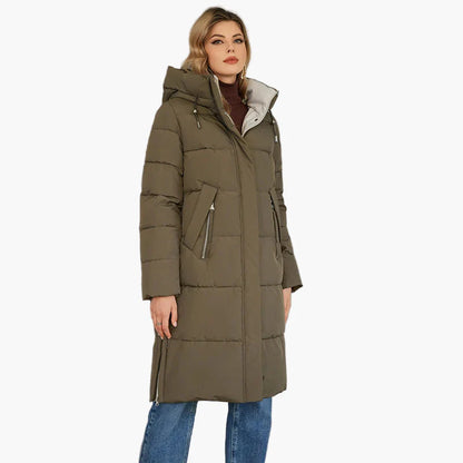 Damen Winter Steppmantel mit Kapuze – Langer, modischer Outdoor-Mantel für kalte Tage
