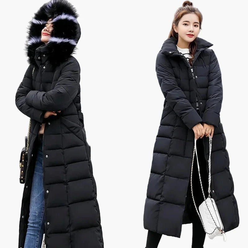 Damen Winter Steppmantel mit Kapuze und Fellkragen – Eleganter langer Mantel im koreanischen Stil für Alltag & Freizeit