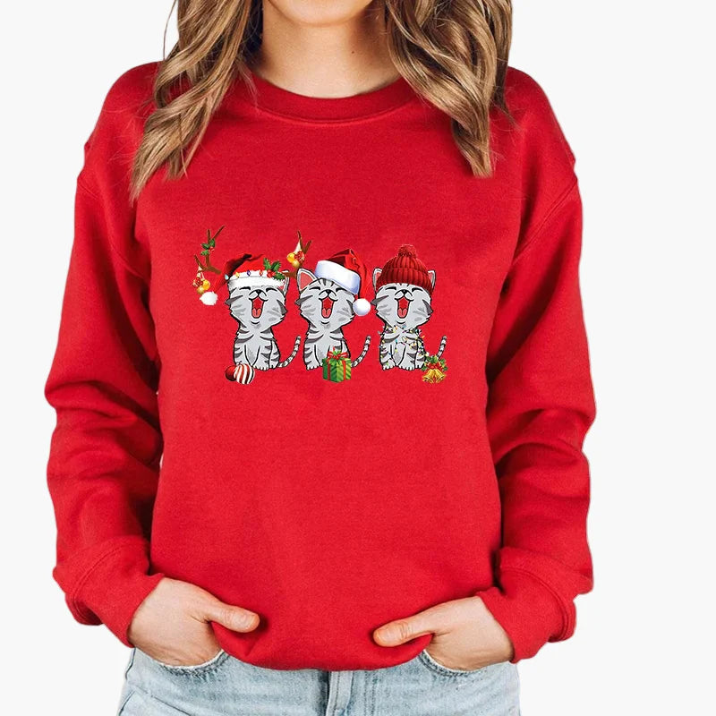 Damen Weihnachts-Sweatshirt mit Katze und Lichterkette – Lustiger Winter Pullover für Alltag & Feiertage