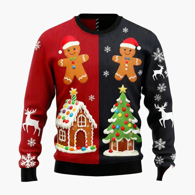 Herren Weihnachtspullover mit Lebkuchenmann, Lebkuchenhaus und Weihnachtsbaum – Lustiger Festlicher Ugly Christmas Sweater