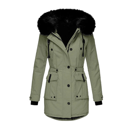 Damen Winterjacke Vintage Stil mit Kapuze und Fellkragen – Eleganter Mantel für Alltag & Freizeit
