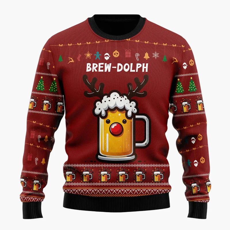 Herren Weihnachtspullover Lustig – Santa mit Bier, Ugly Christmas Sweater für Männer, Party & Festtage