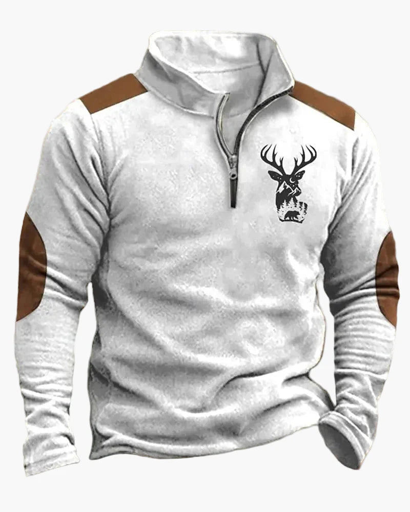 Herren Outdoor Sweatshirt mit Hirsch-Print und Reißverschluss – Freizeit & Jagd Pullover