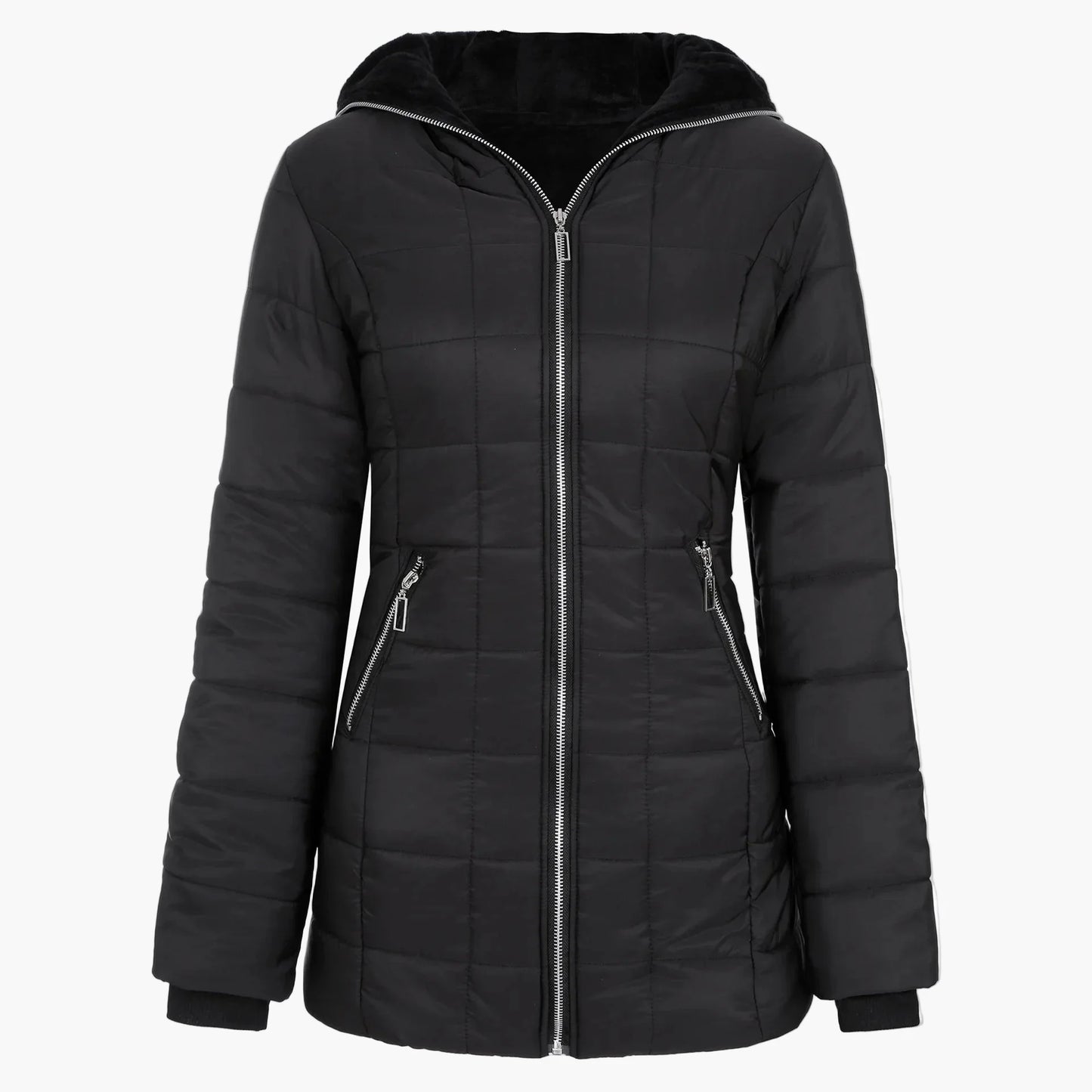 Damen Winter Steppjacke mit großer Kapuze und asymmetrischem Reißverschluss – Modischer Outdoor Mantel