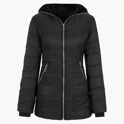 Damen Winter Steppjacke mit großer Kapuze und asymmetrischem Reißverschluss – Modischer Outdoor Mantel
