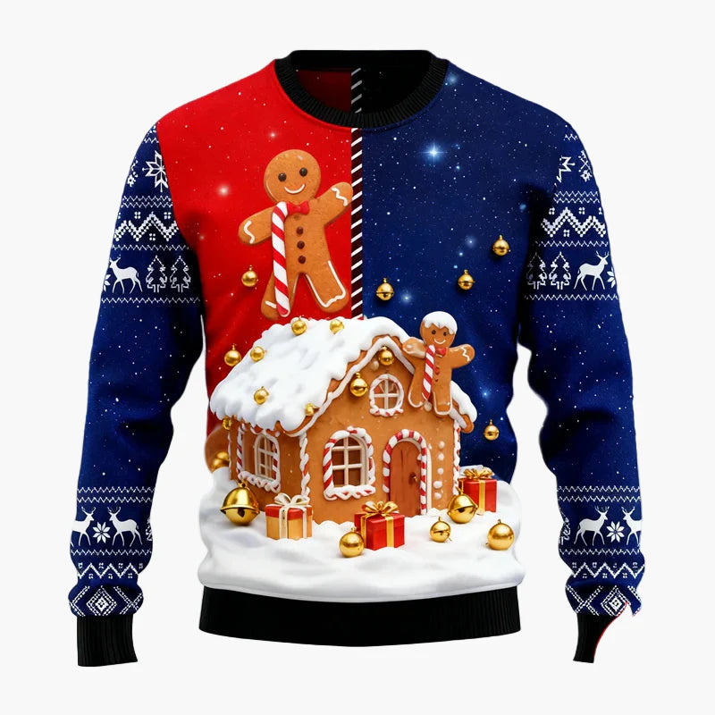 Herren Weihnachtspullover mit Lebkuchenmann, Lebkuchenhaus und Weihnachtsbaum – Lustiger Festlicher Ugly Christmas Sweater