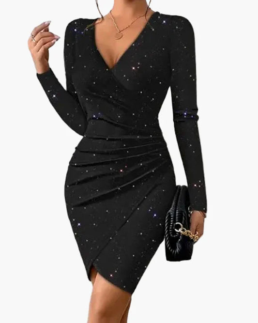 Damen Elegantes Bodycon Cocktailkleid mit Wickeloptik und Langarm – Perfekt für Abend- und Party-Outfits