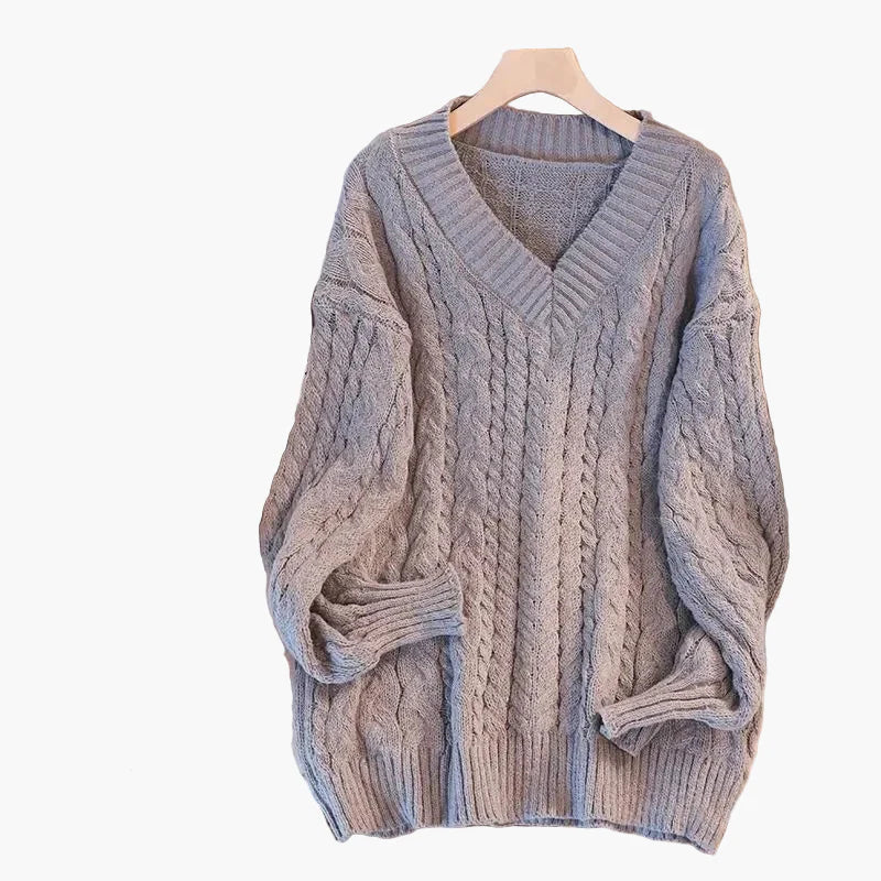 Damen Strickpullover im Oversize-Look mit V-Ausschnitt – Winter Freizeitmode, Zopfmuster, lässig