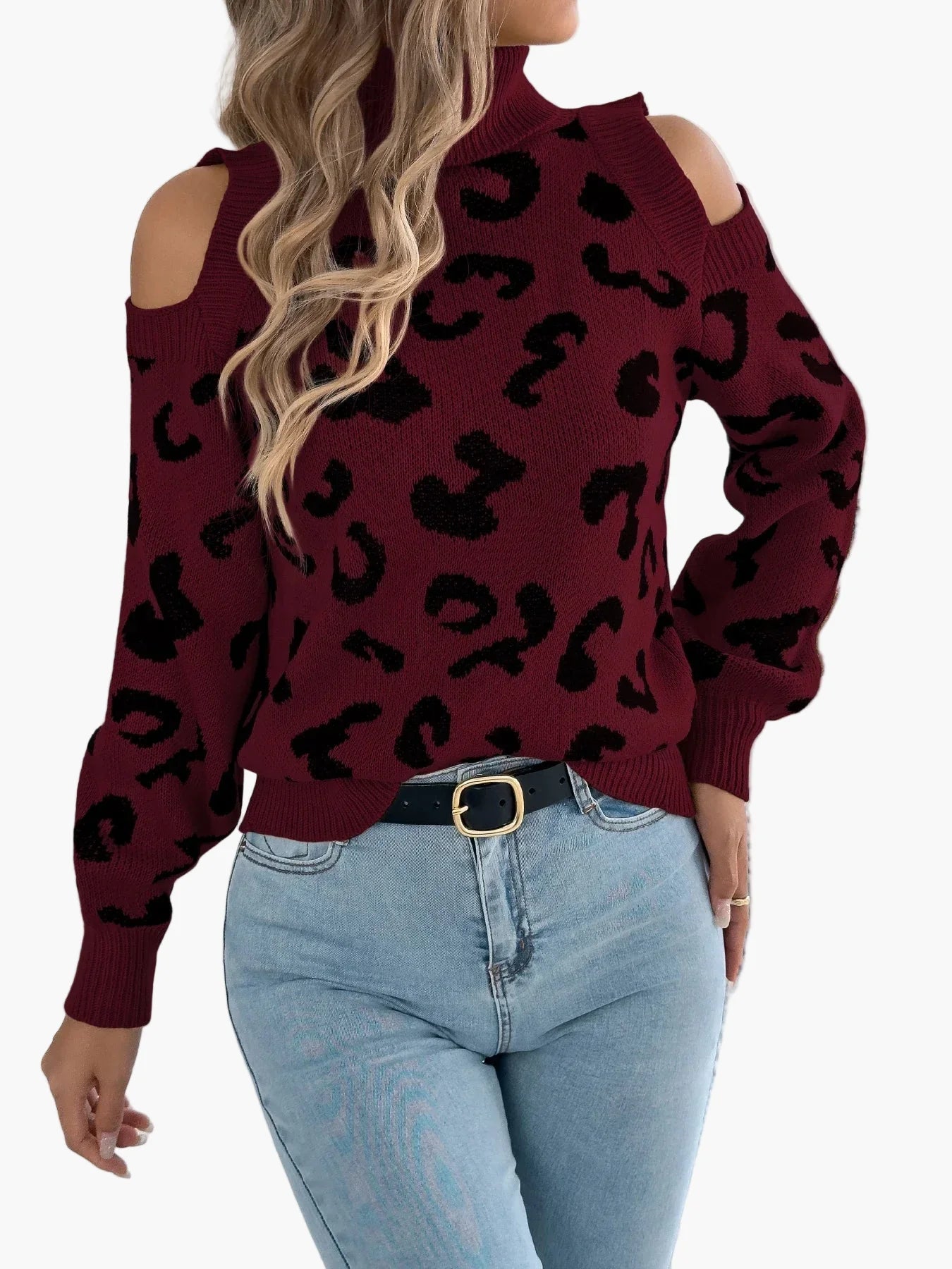 Damen Pullover mit Cut-Out Schultern und Leopardenmuster – Trendiger Freizeit-Strickpullover