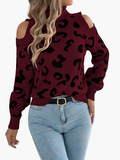 Damen Pullover mit Cut-Out Schultern und Leopardenmuster – Trendiger Freizeit-Strickpullover