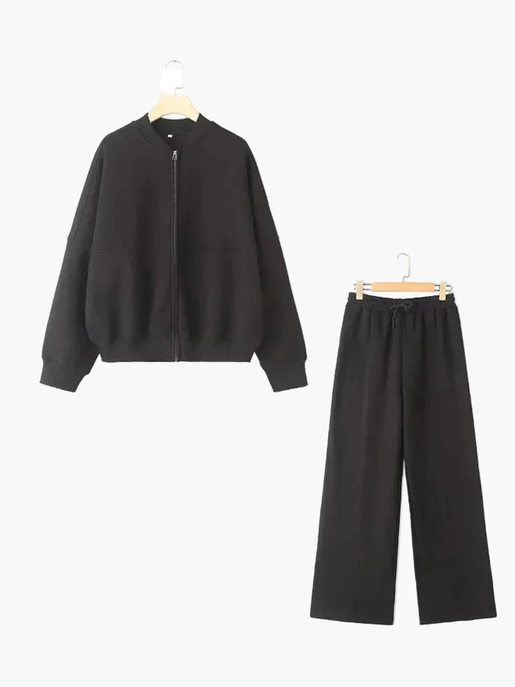 Damen Oversize Trainingsanzug Zweiteiler Freizeit Set mit weiter Hose und Jacke – Modernes Streetwear Outfit
