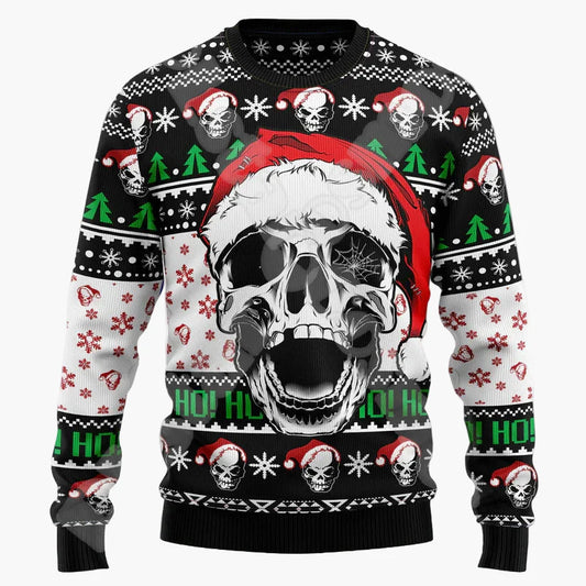 Herren Ugly Christmas Sweater mit Totenkopf und Weihnachtsmütze – Lustiger Pullover für Weihnachten und Winterpartys