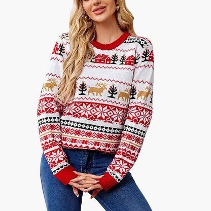 Damen Weihnachtspullover Rundhals Langarm Winter Festlich Norwegerstil