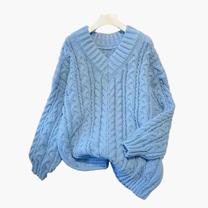 Damen Strickpullover im Oversize-Look mit V-Ausschnitt – Winter Freizeitmode, Zopfmuster, lässig