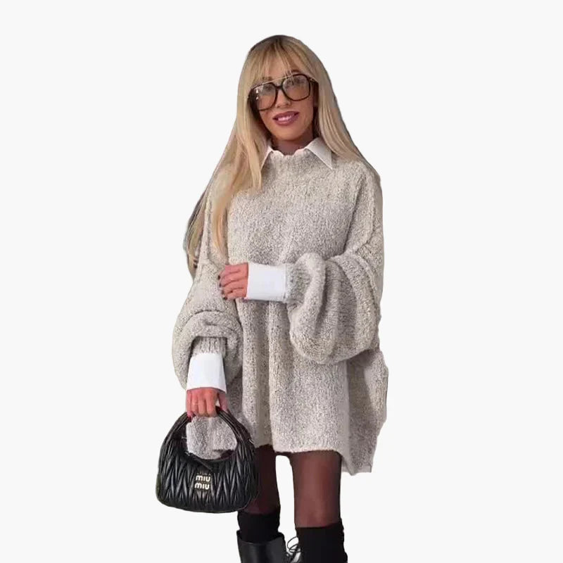 Damen Oversize Pullover Kleid mit Ballonärmeln und Hemdkragen – Stilvolles Trend-Outfit für Herbst und Winter