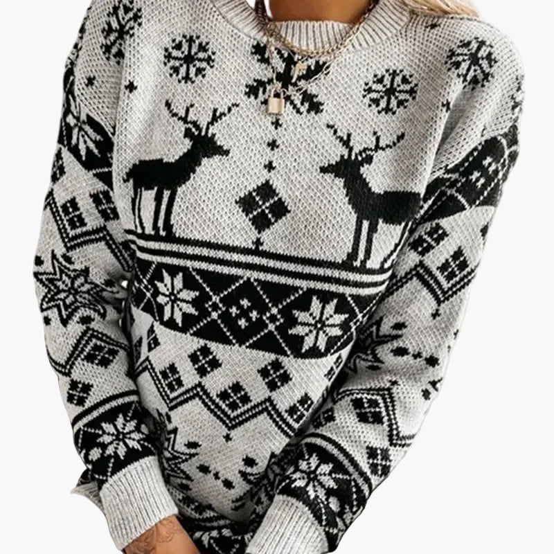 Damen Weihnachtspullover mit Rentier- und Schneeflocken-Muster - Modischer Freizeit-Strickpullover für die festliche Saison