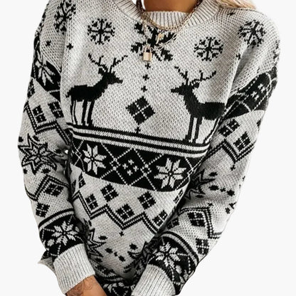 Damen Weihnachtspullover mit Rentier- und Schneeflocken-Muster - Modischer Freizeit-Strickpullover für die festliche Saison