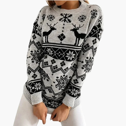Damen Weihnachtspullover mit Rentier- und Schneeflocken-Muster - Modischer Freizeit-Strickpullover für die festliche Saison