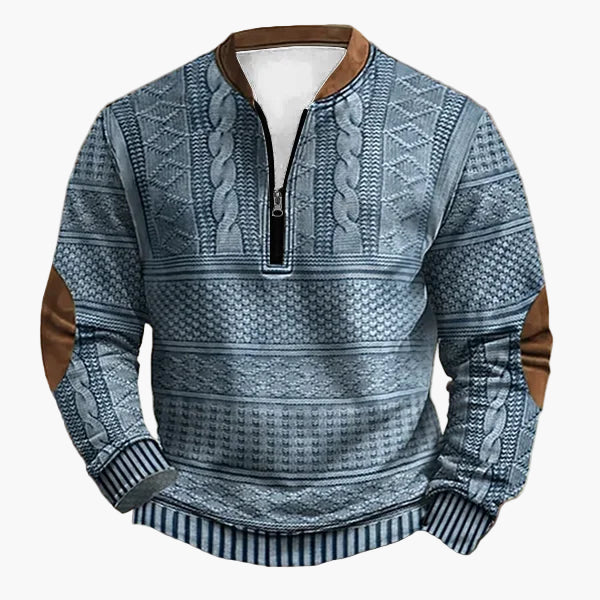 Herren Strickpullover mit halbem Reißverschluss – Modischer Freizeit-Sweater im Patchwork-Look