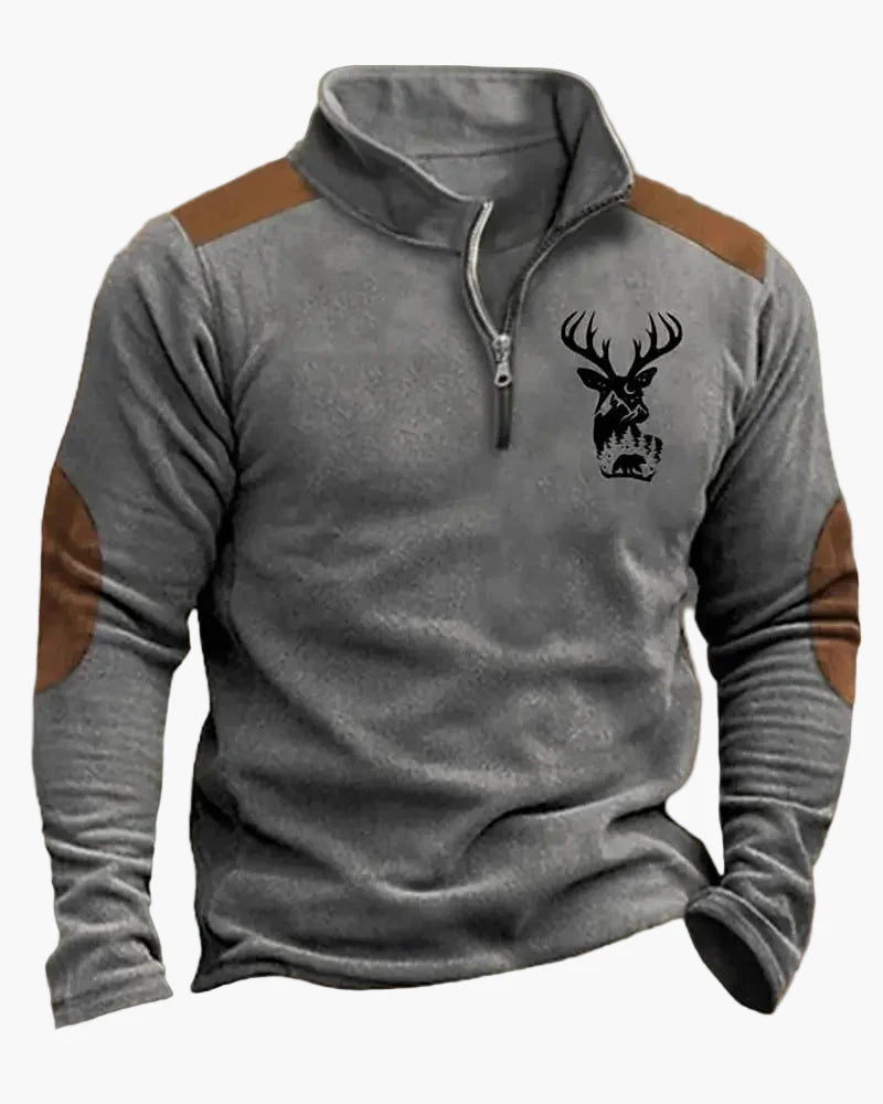 Herren Outdoor Sweatshirt mit Hirsch-Print und Reißverschluss – Freizeit & Jagd Pullover