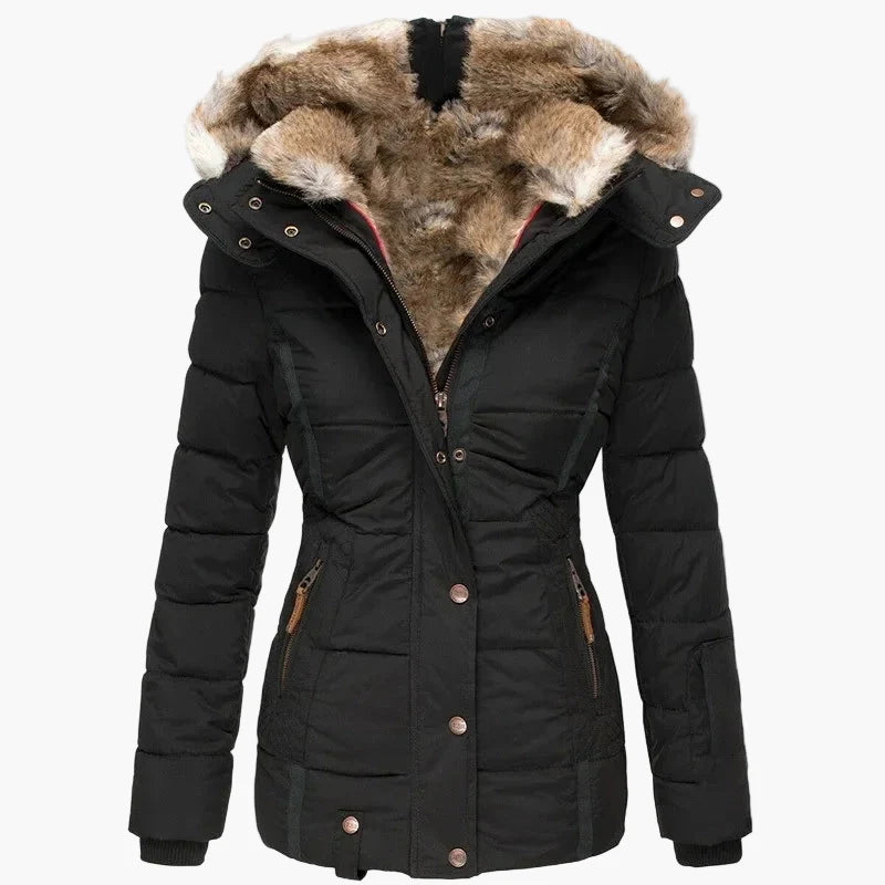 Damen Winter Steppjacke mit Kapuze und Kunstfell – Eleganter, taillierter Parka für kalte Tage