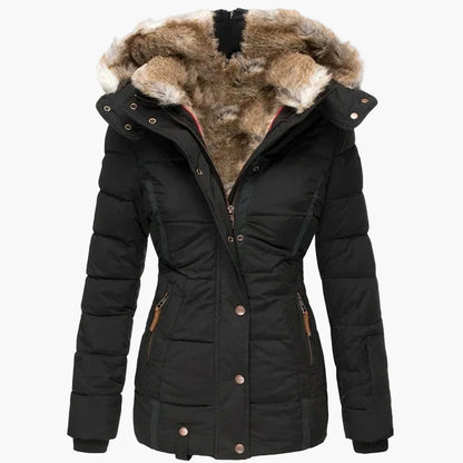 Damen Winter Steppjacke mit Kapuze und Kunstfell – Eleganter, taillierter Parka für kalte Tage