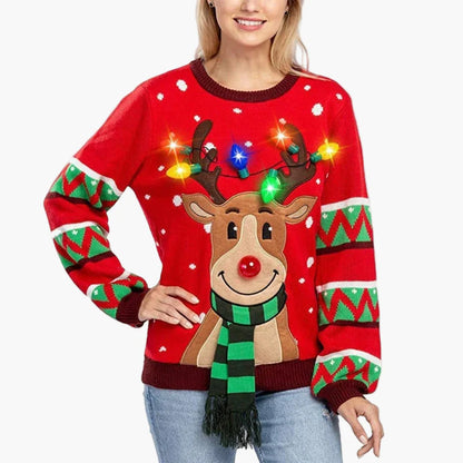 Damen Weihnachts-Pullover mit Rentier und LED-Lichtern – Lustiger Ugly Christmas Sweater für Festtage und Partys