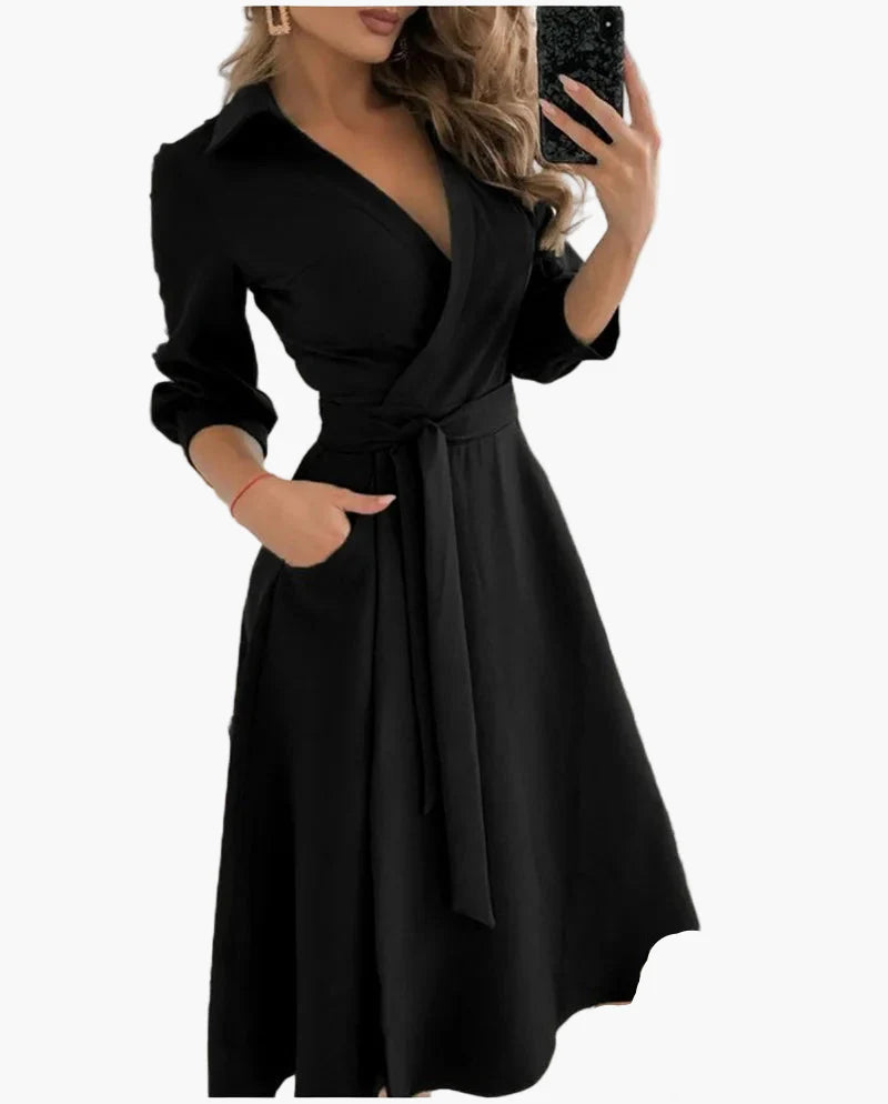 Damen Wickelkleid mit Gürtel und Kragen – Eleganter Alltags- & Büro-Look