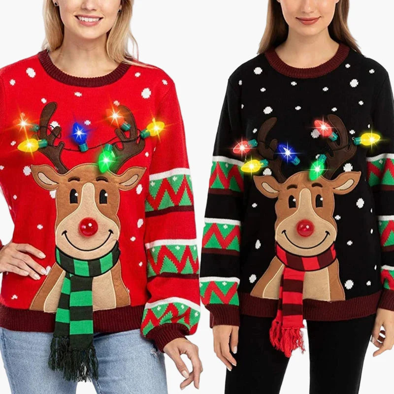 Damen Weihnachts-Pullover mit Rentier und LED-Lichtern – Lustiger Ugly Christmas Sweater für Festtage und Partys