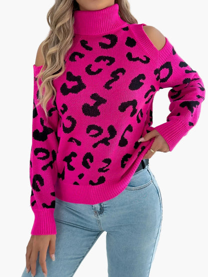 Damen Pullover mit Cut-Out Schultern und Leopardenmuster – Trendiger Freizeit-Strickpullover