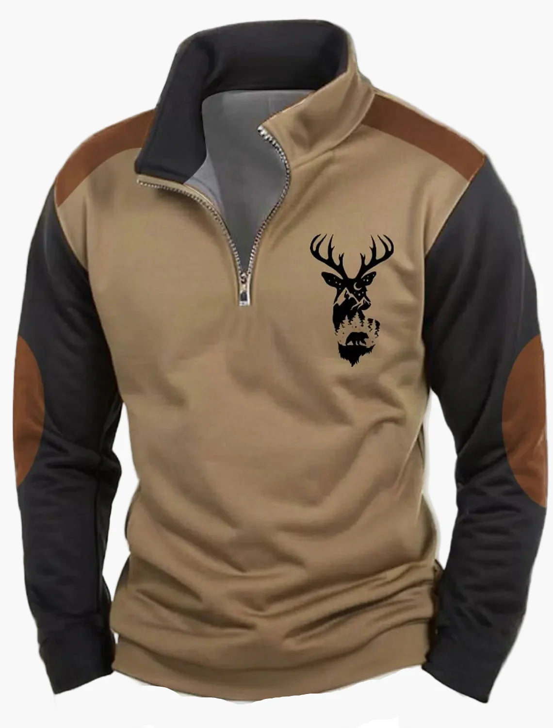 Herren Outdoor Sweatshirt mit Hirsch-Print und Reißverschluss – Freizeit & Jagd Pullover