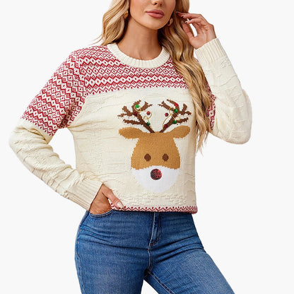 Damen Weihnachtspullover Rundhals Langarm Winter Festlich Norwegerstil