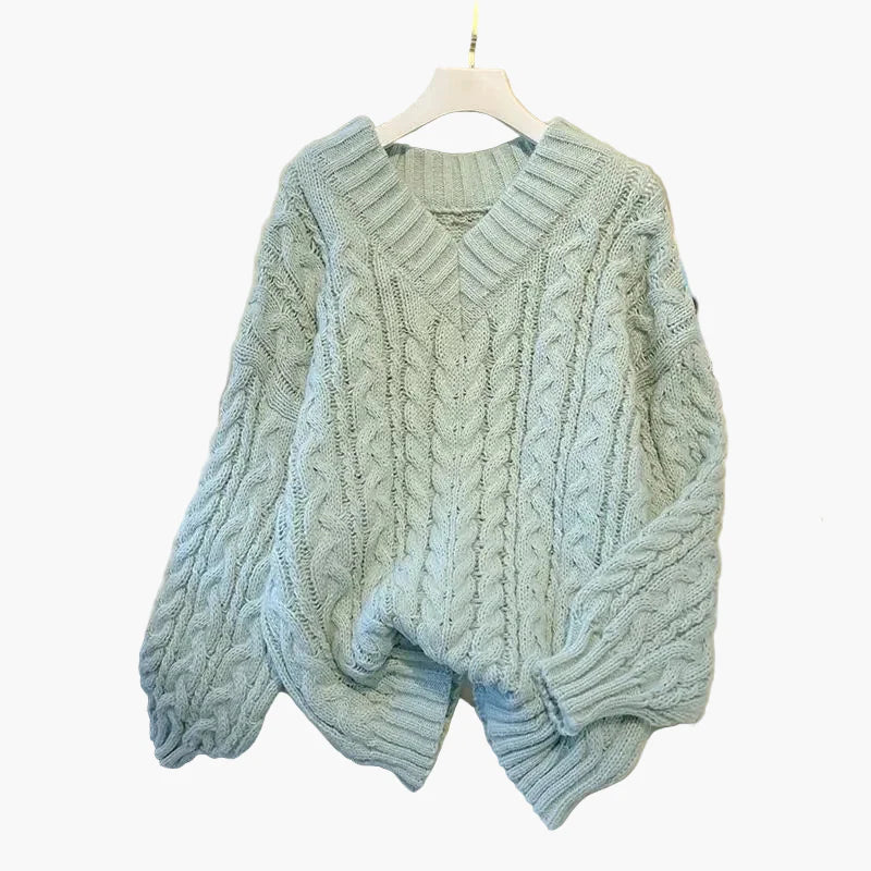 Damen Strickpullover im Oversize-Look mit V-Ausschnitt – Winter Freizeitmode, Zopfmuster, lässig