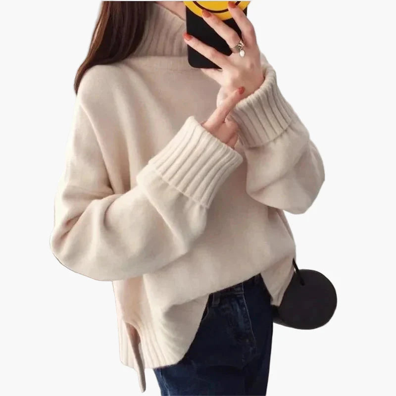 Damen Pullover im koreanischen Stil mit hohem Kragen – Bequemer, locker geschnittener Strickpullover für Herbst und Winter