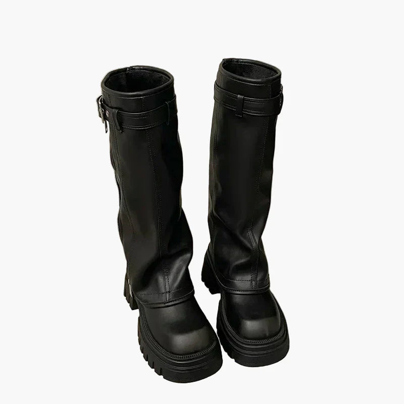 Damen Plateau-Stiefel mit Reißverschluss und Schnalle – Trendige Chunky Boots für Herbst und Winter