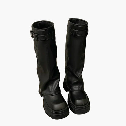 Damen Plateau-Stiefel mit Reißverschluss und Schnalle – Trendige Chunky Boots für Herbst und Winter