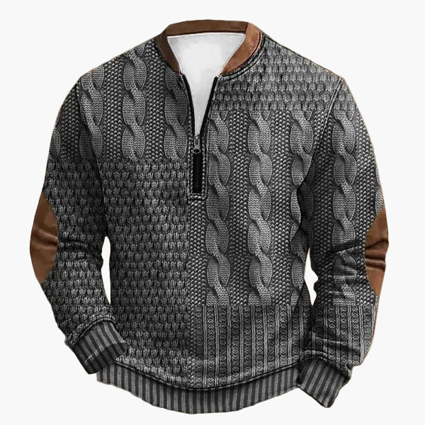 Herren Strickpullover mit halbem Reißverschluss – Modischer Freizeit-Sweater im Patchwork-Look
