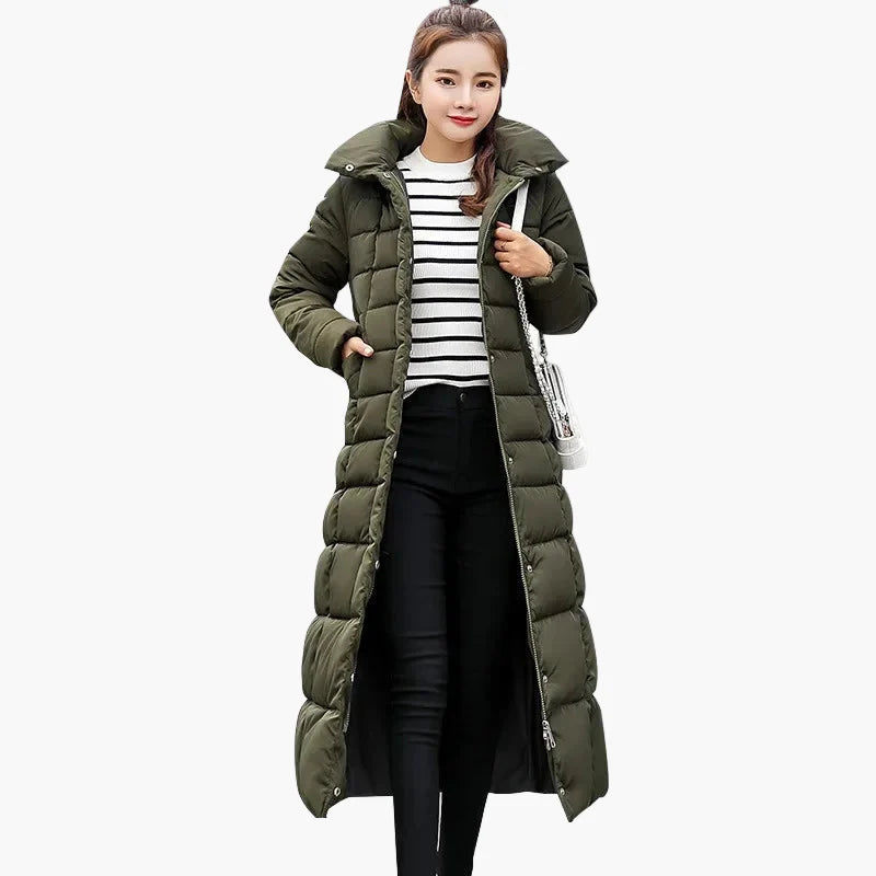 Damen Winter Steppmantel mit Kapuze und Fellkragen – Eleganter langer Mantel im koreanischen Stil für Alltag & Freizeit