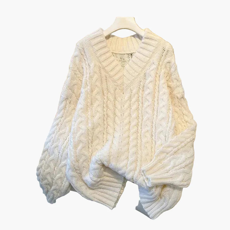 Damen Strickpullover im Oversize-Look mit V-Ausschnitt – Winter Freizeitmode, Zopfmuster, lässig