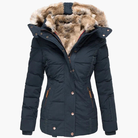 Damen Winter Steppjacke mit Kapuze und Kunstfell – Eleganter, taillierter Parka für kalte Tage