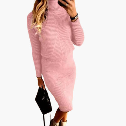 Damen Strickkleid Zweiteiler Elegant – Rollkragen und Midirock, Modisches Set für Herbst und Winter