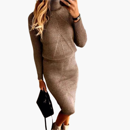 Damen Strickkleid Zweiteiler Elegant – Rollkragen und Midirock, Modisches Set für Herbst und Winter