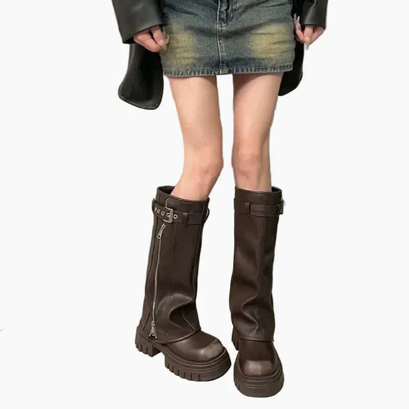 Damen Plateau-Stiefel mit Reißverschluss und Schnalle – Trendige Chunky Boots für Herbst und Winter