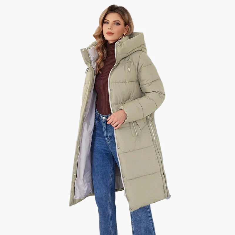 Damen Winter Steppmantel mit Kapuze – Langer, modischer Outdoor-Mantel für kalte Tage